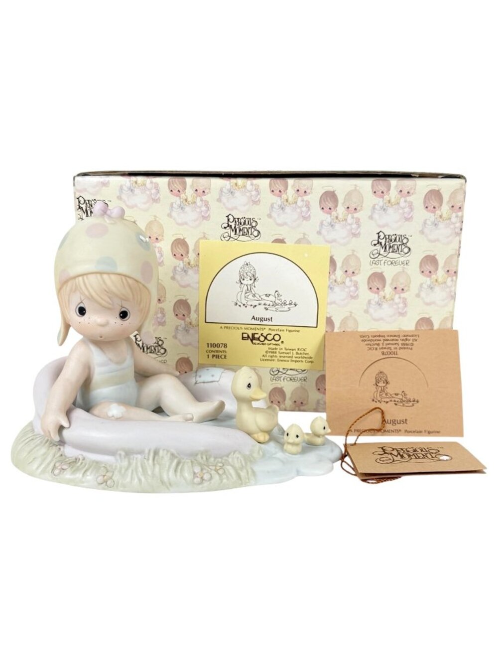 Vintage 1988 Precious Moments August Porcelain Figurine Girl Ducks 110078 Box